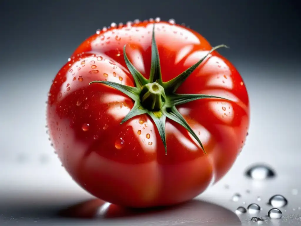 Tomate rojo vibrante con gotas de agua, detalle único y frescura