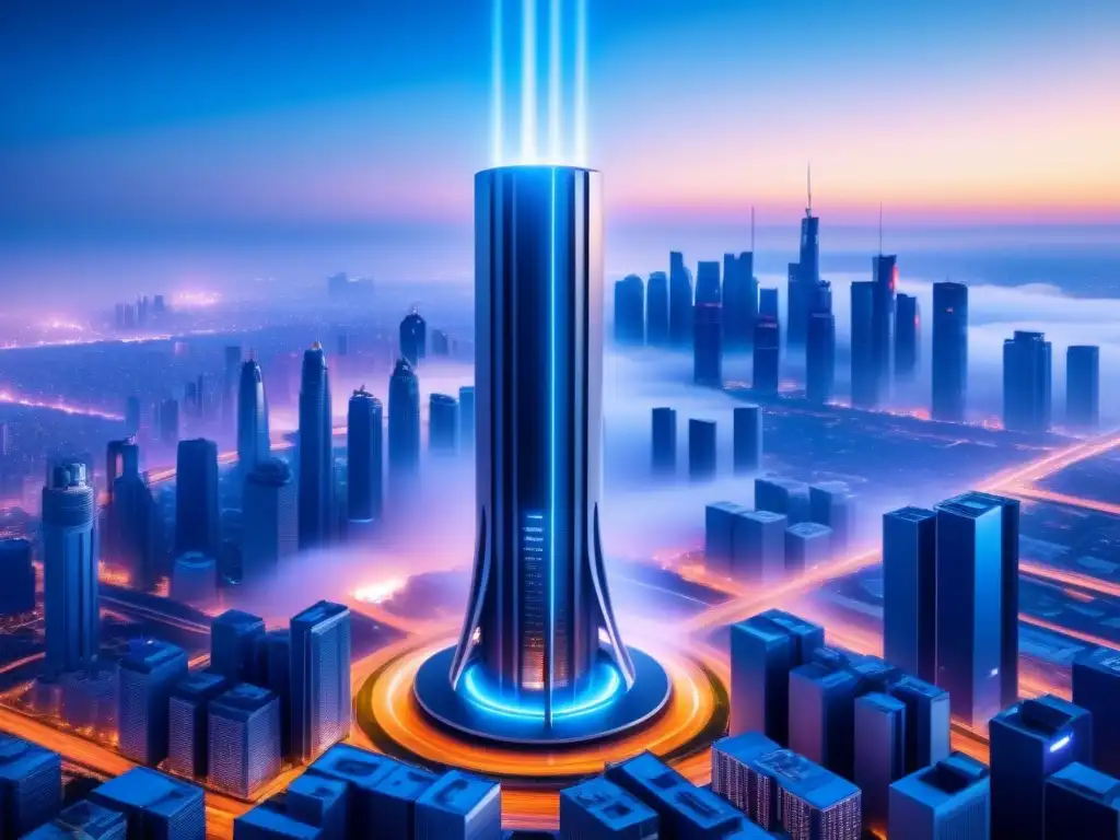 Una torre de purificación de aire futurista destaca entre la contaminación urbana, simbolizando soluciones para contaminación atmosférica innovadoras