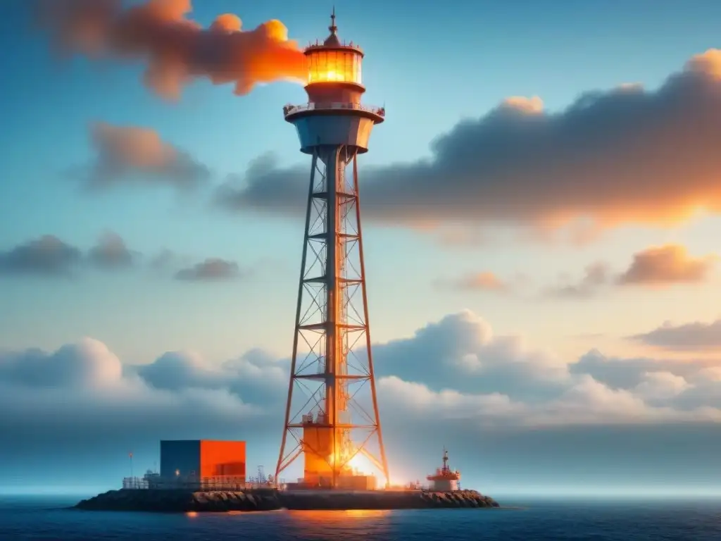 Torre de comunicación marítima emergencia junto a una señal de socorro naranja en el mar tranquilo