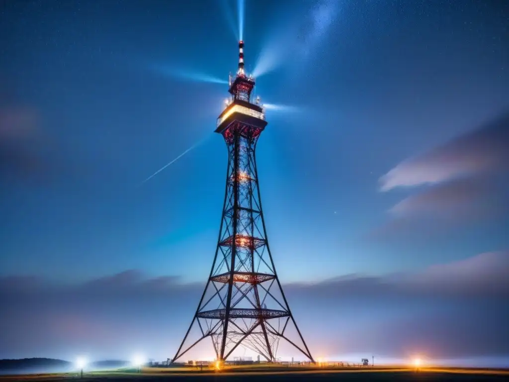 Una torre futurista de metales superconductores en telecomunicaciones, brillando en la noche estrellada