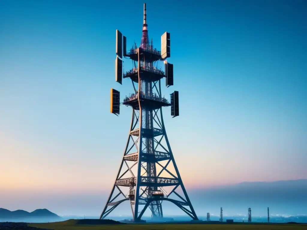 Una torre futurista de redes 5G en la telecomunicación destaca en el cielo azul, simbolizando innovación tecnológica