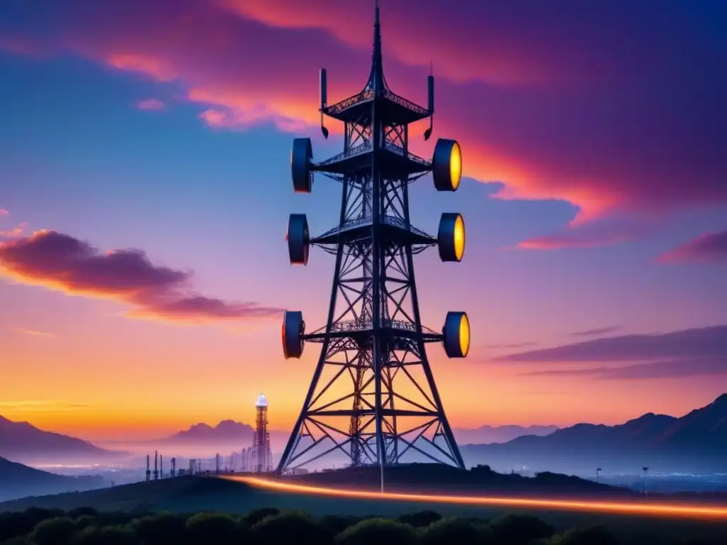 Una torre futurista de redes 5G iluminada contra un cielo de atardecer, simbolizando la conectividad en telecomunicación