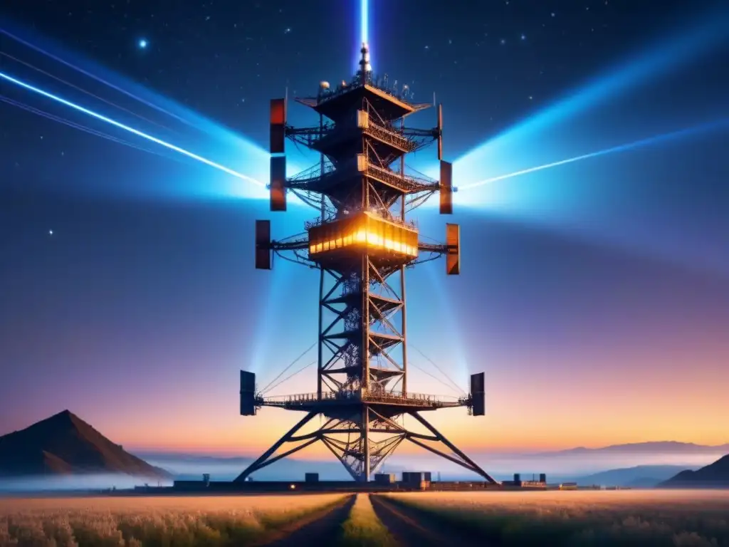 Torre de telecomunicaciones futurista con nodos cuánticos brillantes integrados en la noche estrellada