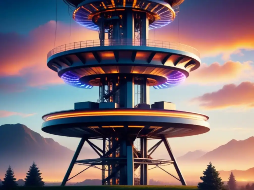 Una torre de telecomunicaciones futurista que fusiona sistemas fotónica-electrónica en un atardecer vibrante