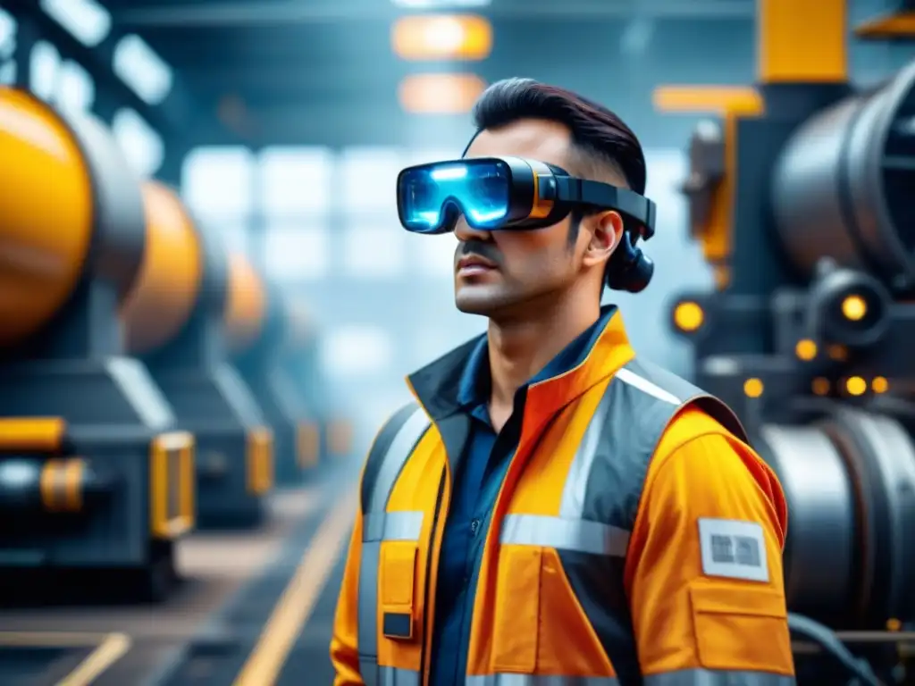 Trabajador en ambiente industrial usando gafas de realidad aumentada para entrenamiento