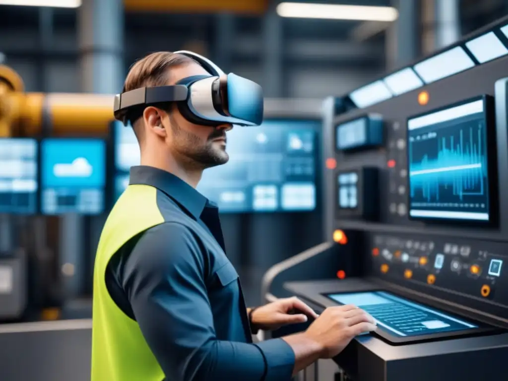 Un trabajador usa un casco de realidad aumentada frente a maquinaria industrial