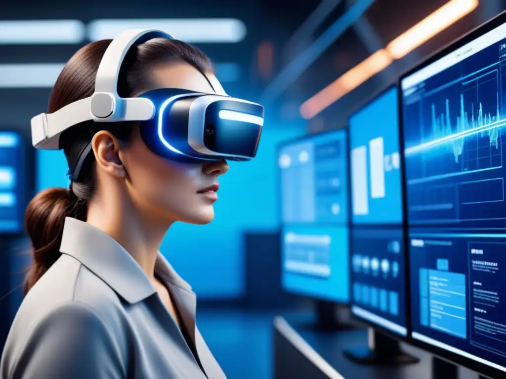 Un trabajador usa un casco de realidad aumentada en un entorno industrial futurista, interactuando con una simulación de maquinaria compleja