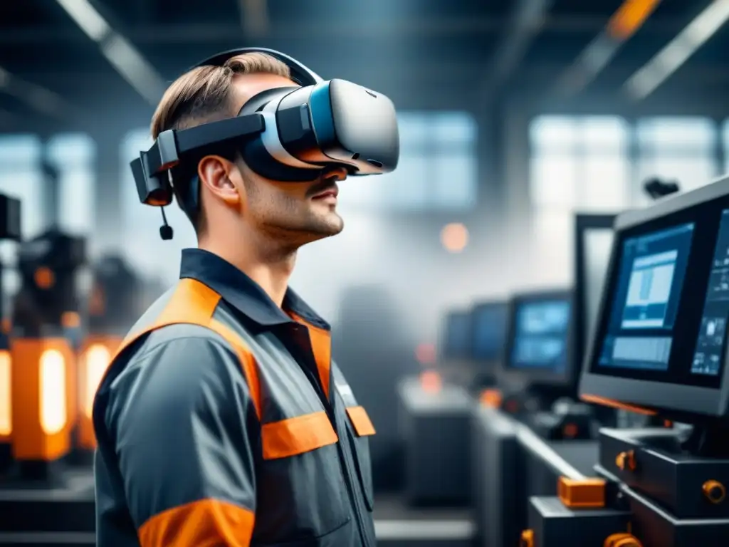 Trabajador concentrado con auriculares de realidad virtual en entorno industrial