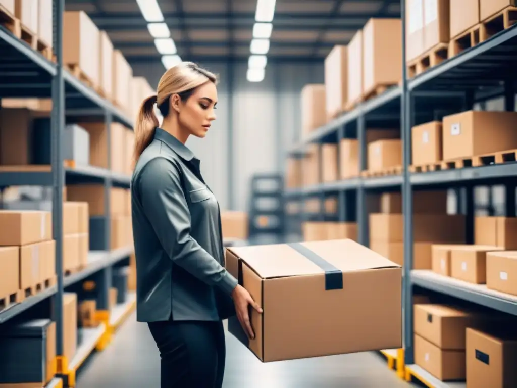 Un trabajador de almacén usa equipo ergonómico moderno rodeado de estanterías organizadas
