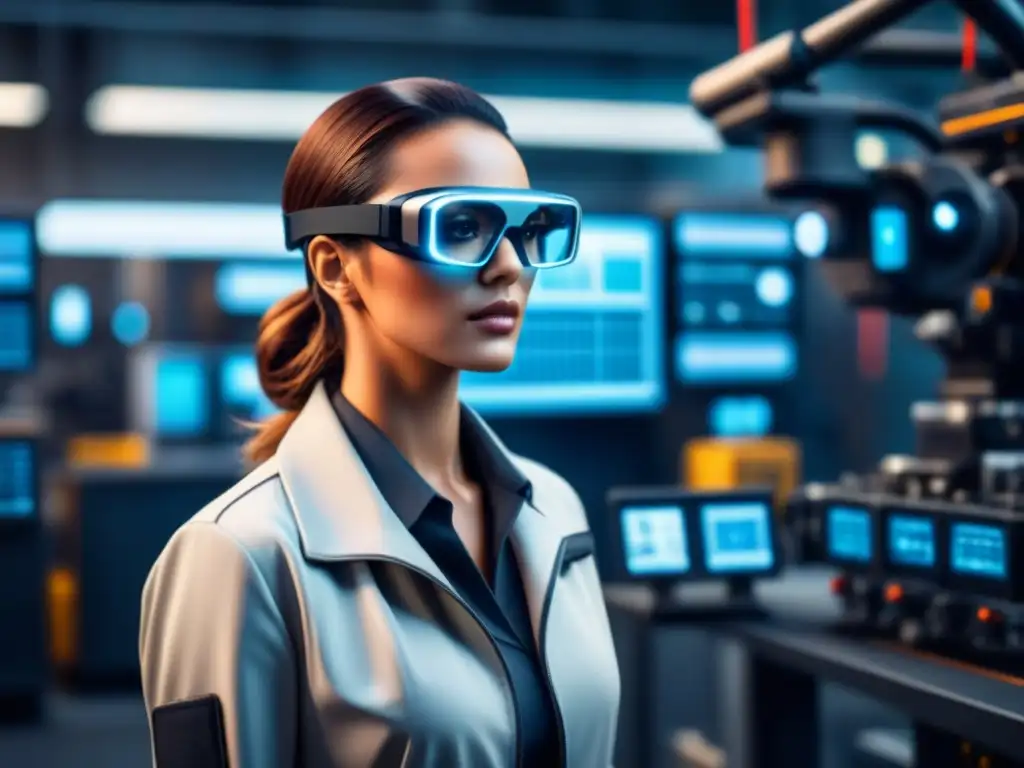 Un trabajador con gafas de realidad aumentada en un entorno industrial de alta tecnología, rodeado de maquinaria futurista