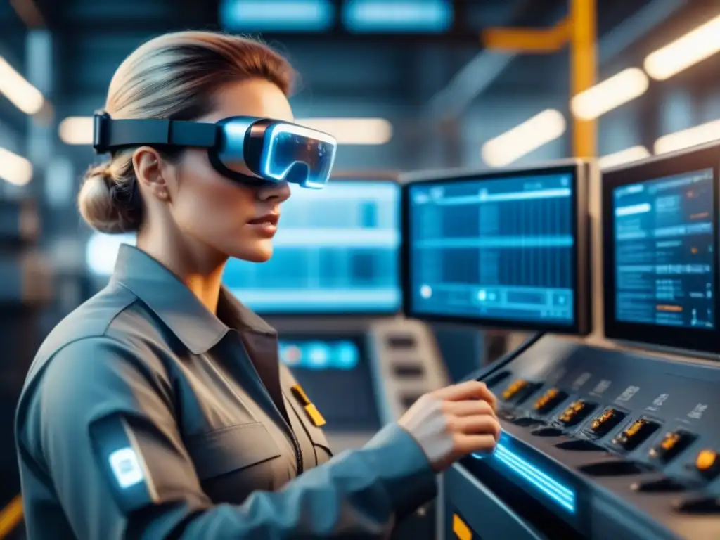 Un trabajador industrial futurista usando gafas de realidad aumentada interactúa con instrucciones virtuales en maquinaria compleja