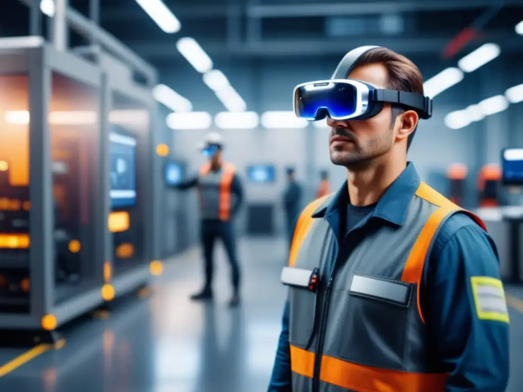 Trabajador inmerso en entrenamiento de realidad aumentada en ambiente industrial de alta tecnología