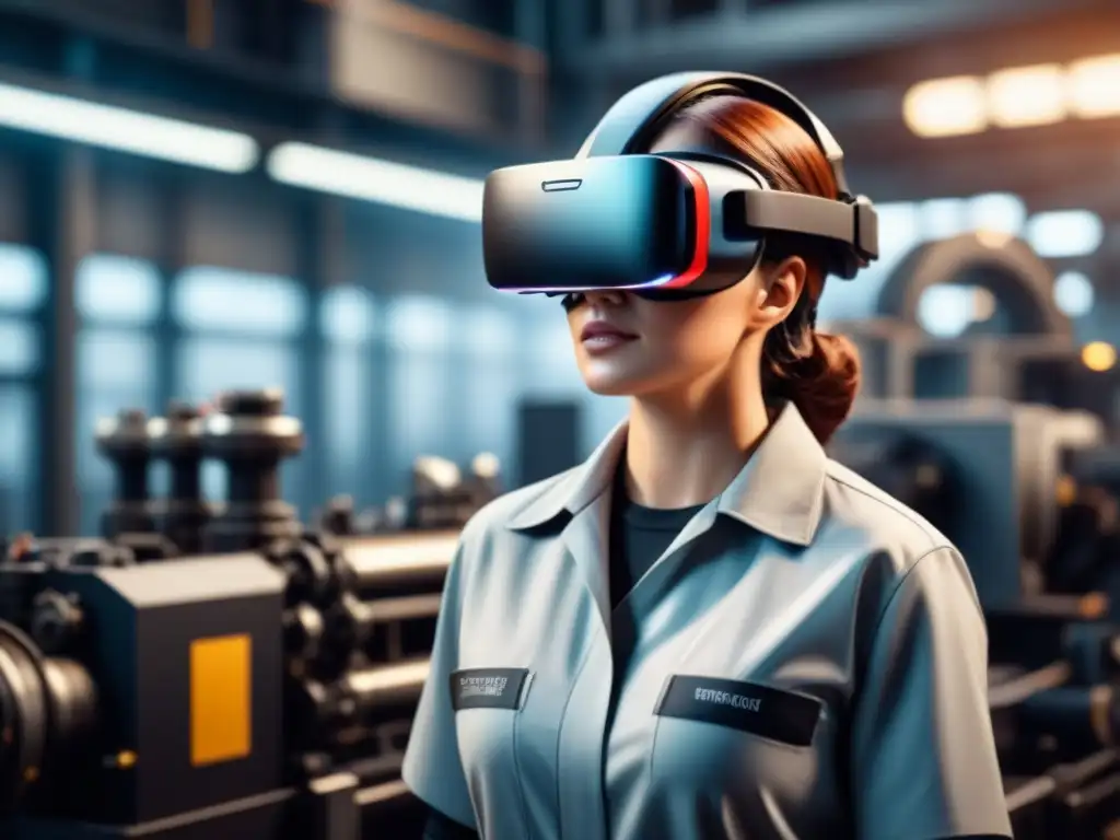 Trabajador de mantenimiento industrial con AR/VR destaca en entorno futurista