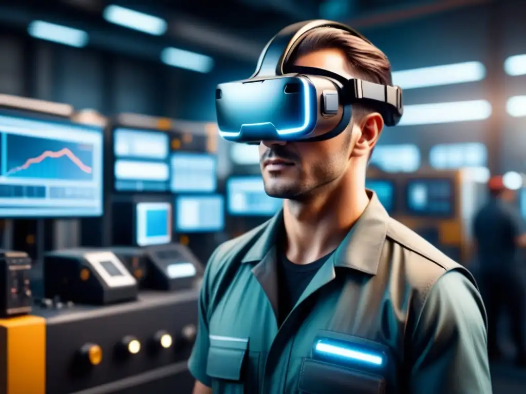 Un trabajador de mantenimiento industrial del futuro con AR/VR, mostrando las tendencias AR VR mantenimiento industrial