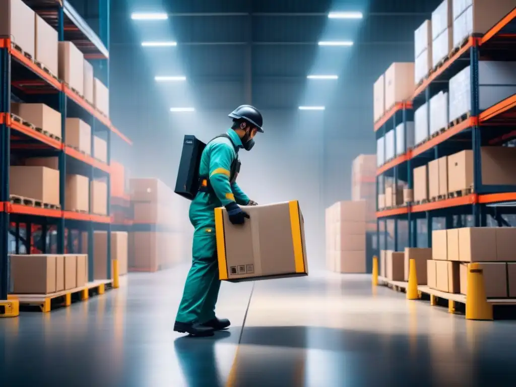 Un trabajador de almacén usa un traje exoesqueleto para levantar cajas pesadas sin esfuerzo, en un almacén de alta tecnología