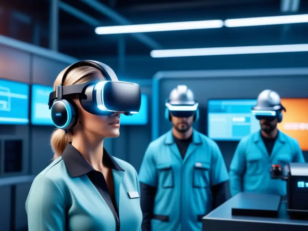 Trabajadores con AR/VR en futurista planta de mantenimiento industrial, integrando hologramas