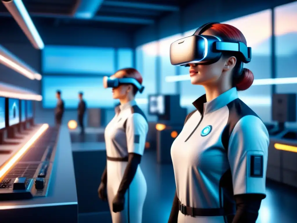 Trabajadores en cascos de realidad virtual interactúan con equipamiento holográfico en una futurista instalación de formación industrial