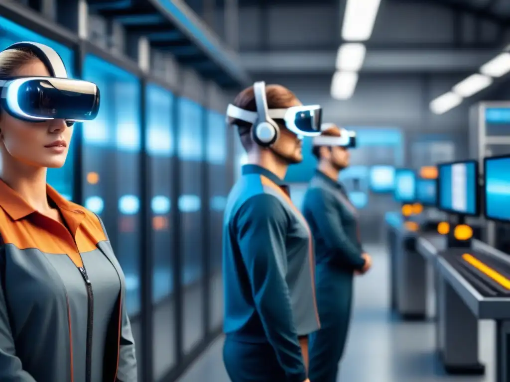 Trabajadores en un centro de entrenamiento industrial futurista usando auriculares de realidad aumentada para interactuar con maquinaria