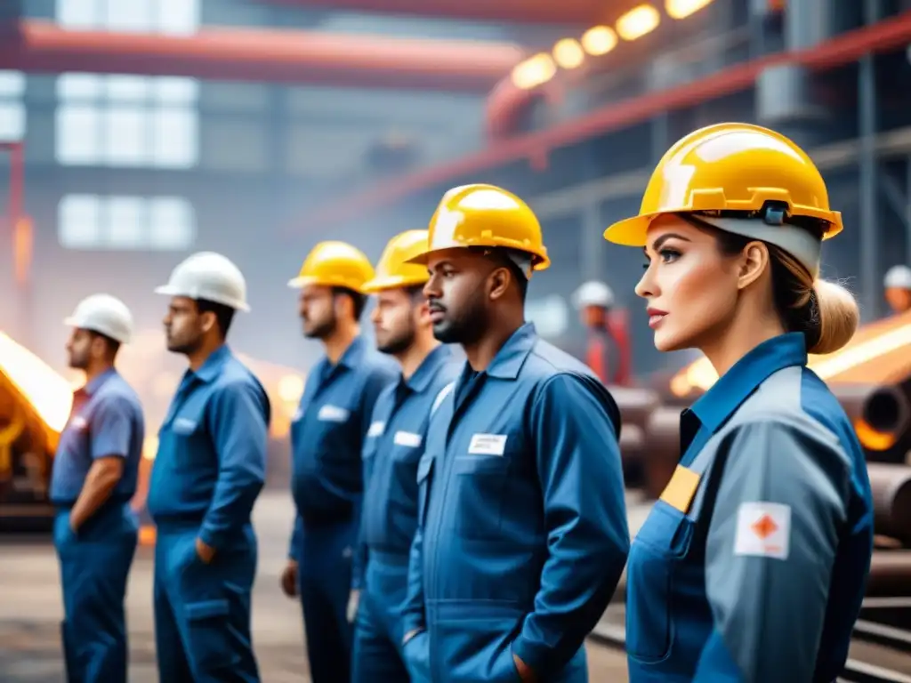 Trabajadores en fábrica de industria pesada, enfocados en tareas, rodeados de maquinaria