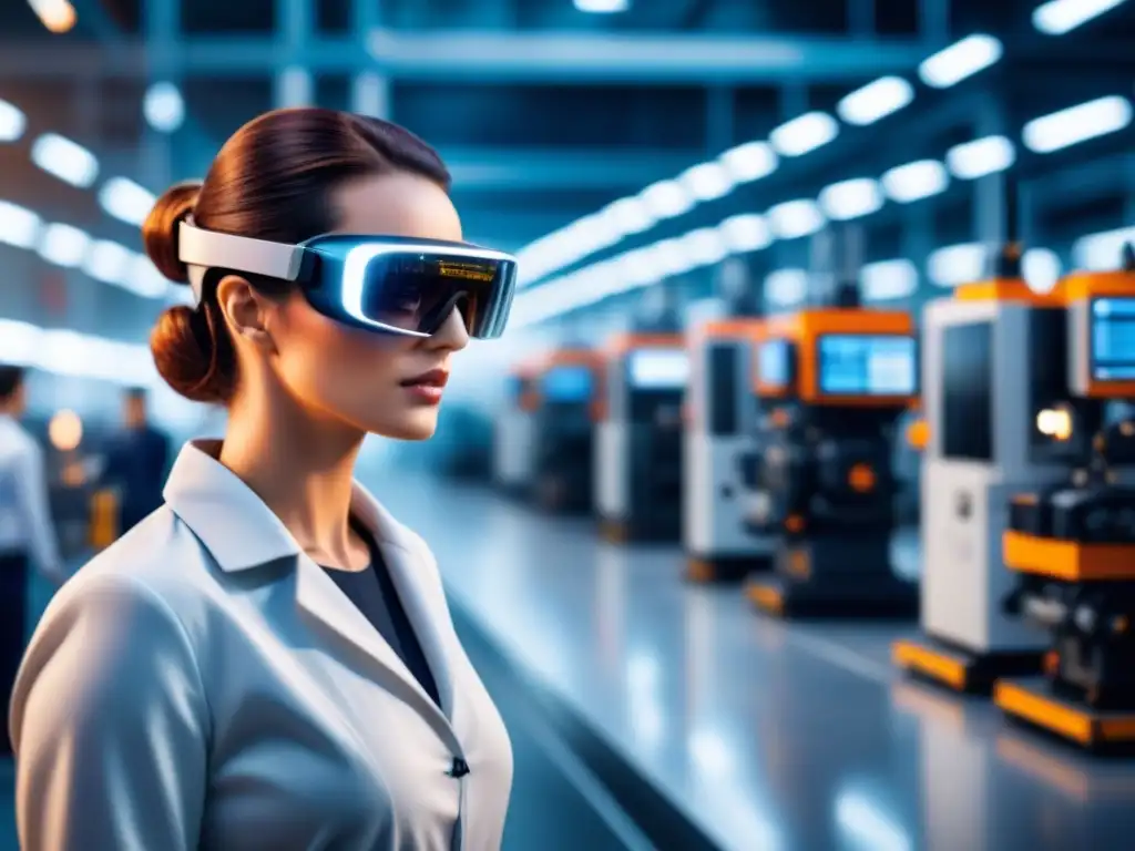 Trabajadores usando gafas de realidad aumentada en smart factories, interactuando con interfaces virtuales en una fábrica moderna y tecnológica