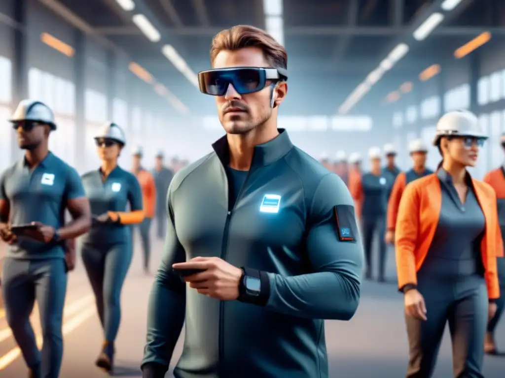 Trabajadores industriales con wearables en capacitación laboral futurista