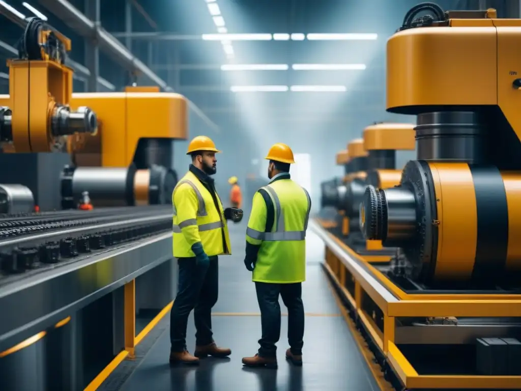 Trabajadores industriales enfocados inspeccionando maquinaria en fábrica moderna, resaltando beneficios de seguridad en empresas