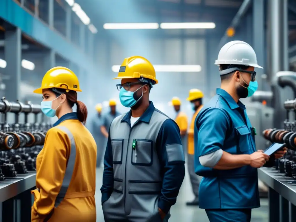 Trabajadores industriales aplicando ergonomía laboral en planta moderna