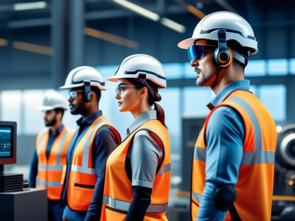 Trabajadores industriales con tecnología wearable de vanguardia en un entorno moderno, destacando los wearables industriales para seguridad laboral