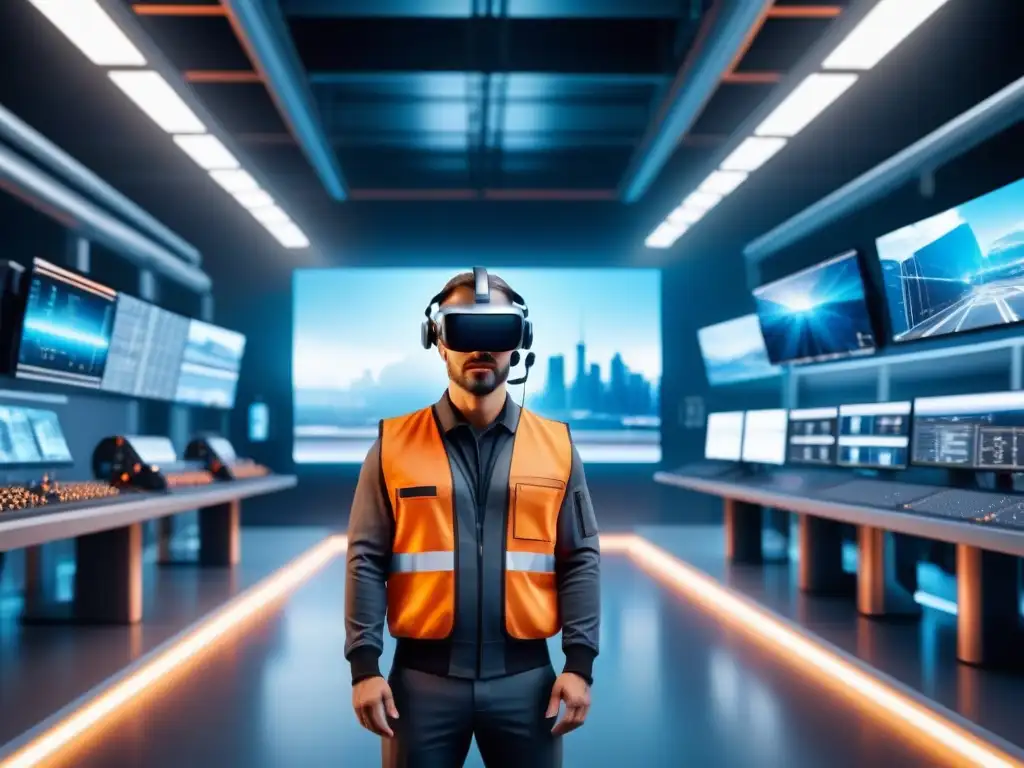 Instalación industrial futurista con trabajadores en AR/VR Trabajadores en realidad virtual en mantenimiento industrial con tecnología futurista y diseño minimalista