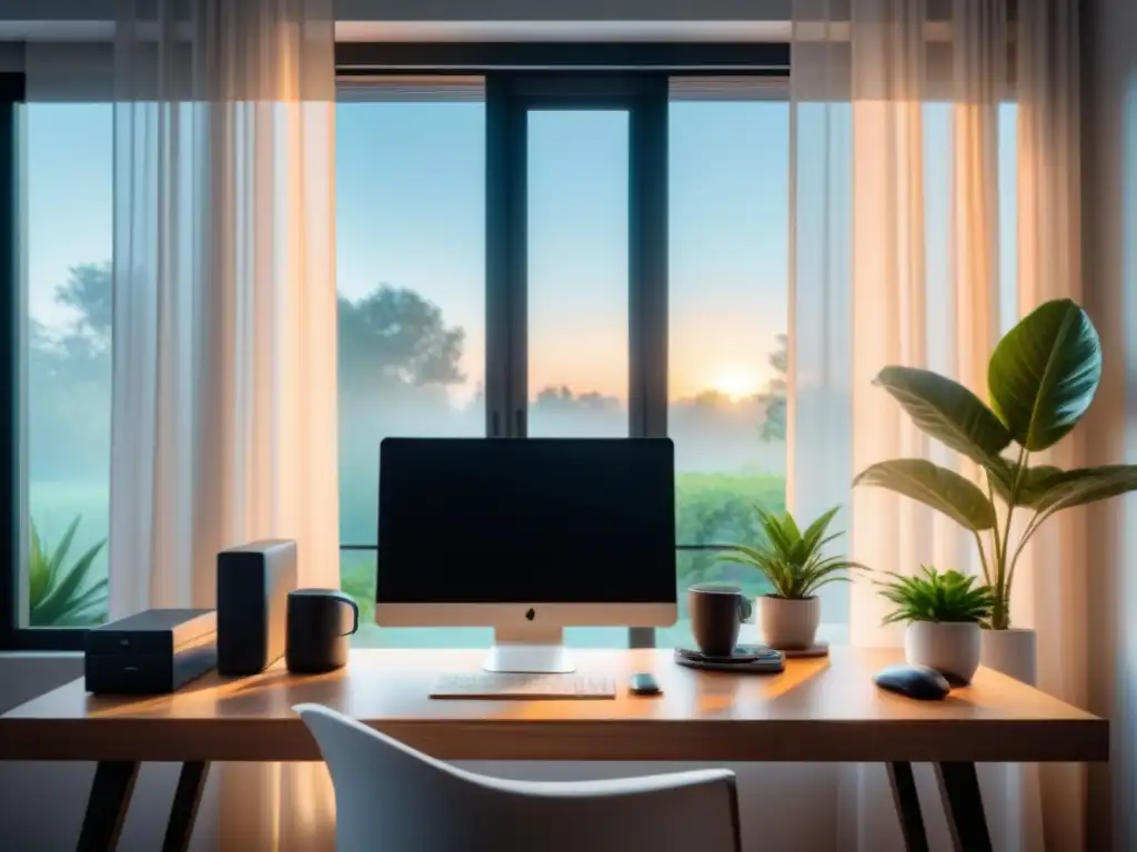 Un rincón de trabajo en casa sereno y minimalista con laptop, planta, café y auriculares, iluminado por luz natural