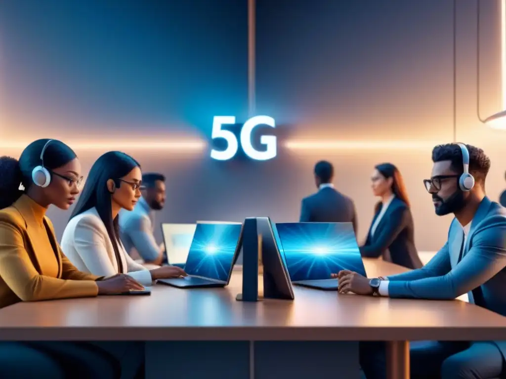 Transformación del trabajo colaborativo con 5G: Profesionales diversos colaboran eficientemente en un proyecto, conectados a red 5G