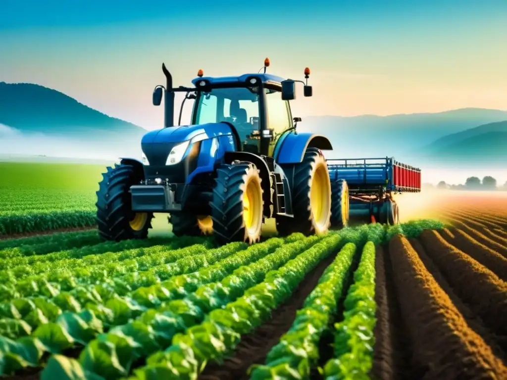 Un tractor de alta tecnología en un campo verde bajo un cielo azul, representando la agricultura de precisión sustentable