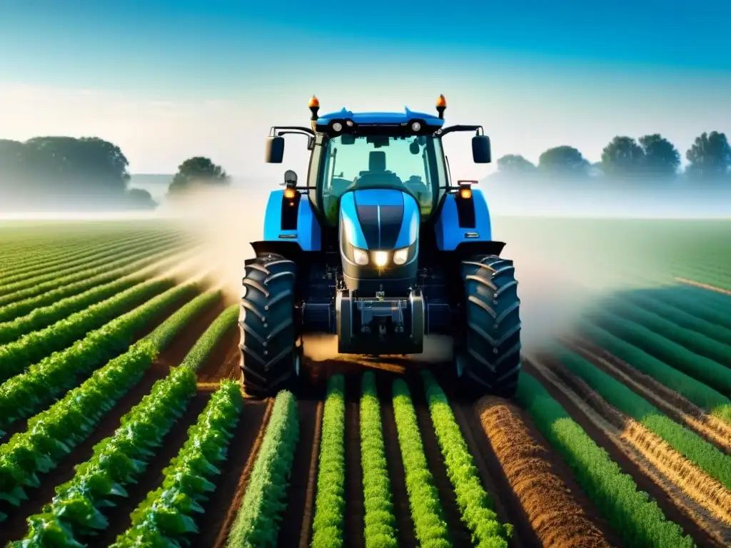 Tractor autónomo en campo verde, cielo azul