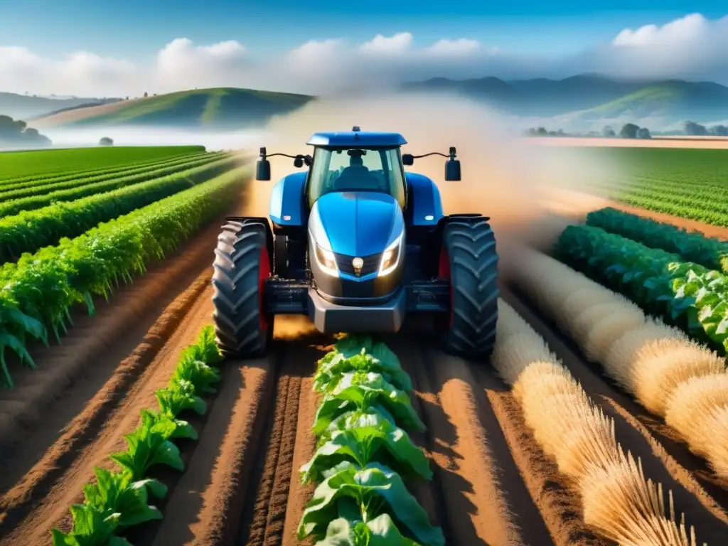 Un tractor autónomo futurista surcando un campo de cultivos, mostrando tecnología y sostenibilidad