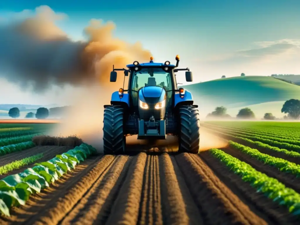 Un tractor autónomo futurista en un campo soleado, fusionando tecnología y naturaleza