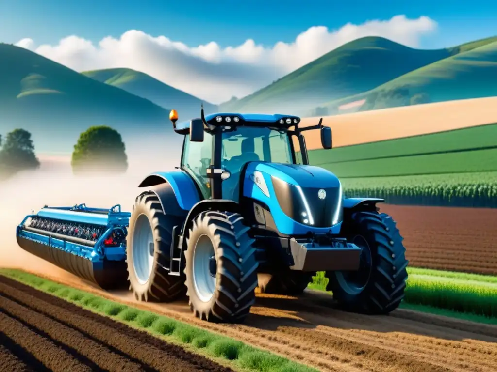 Un tractor autónomo futurista surcando un campo soleado, transmitiendo innovación y armonía en la agricultura sostenible