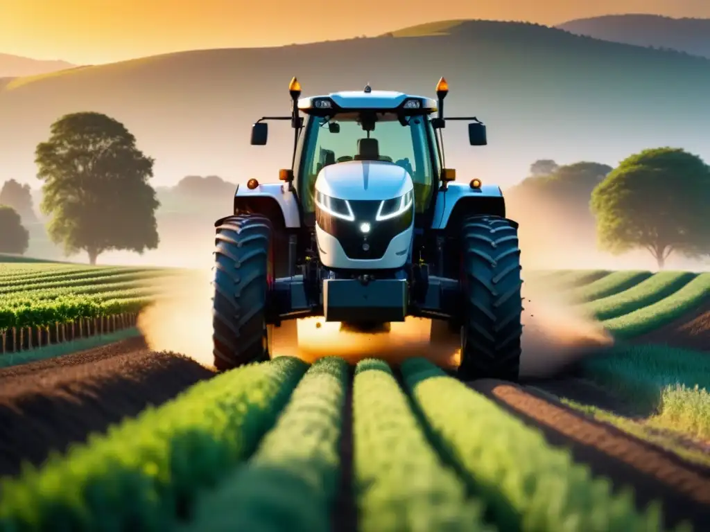 Tractor autónomo futurista en campo verde al atardecer