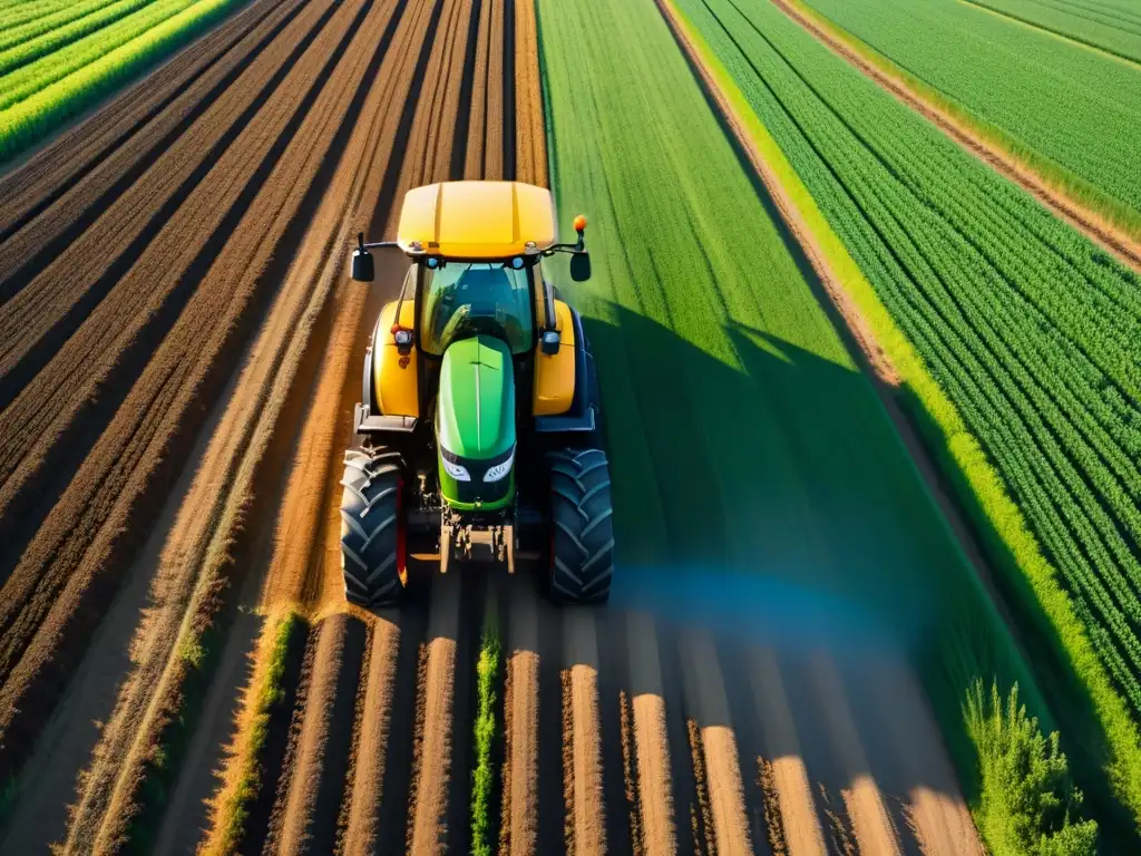 Un tractor autónomo futurista en un campo verde, bajo cielo azul