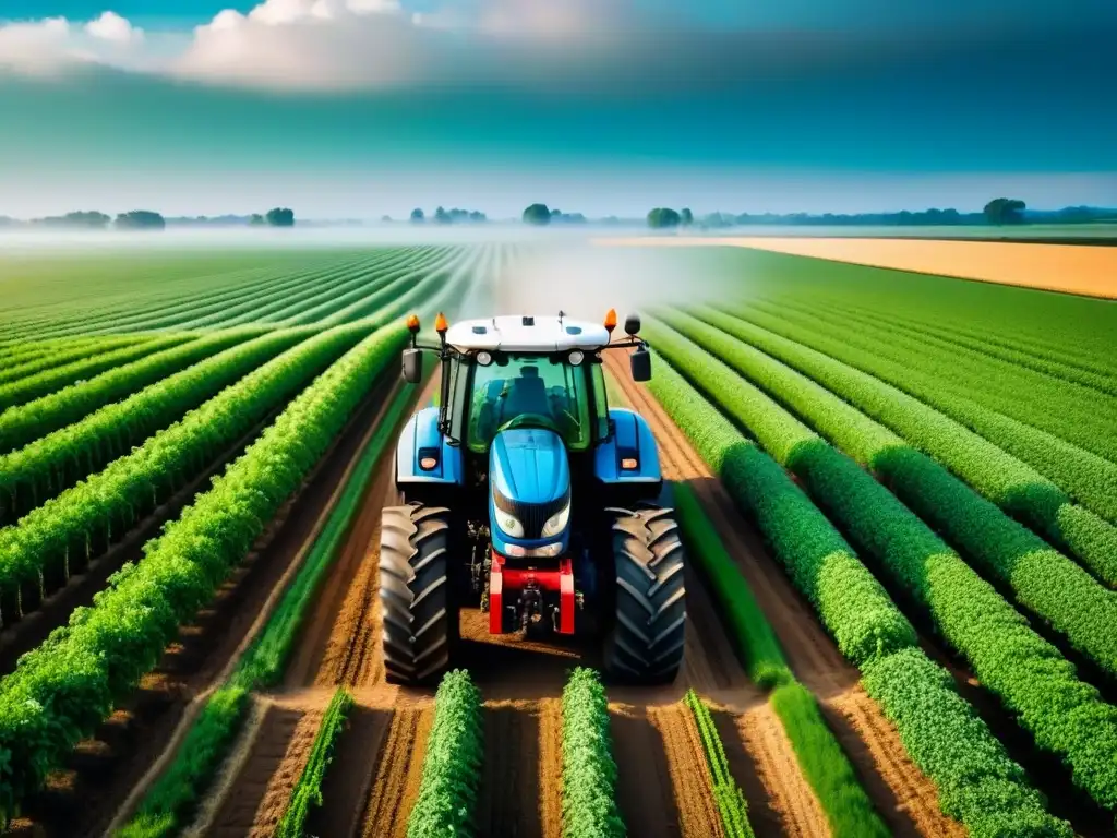 Tractor de agricultura de precisión con GPS navegando autónomamente en campos verdes