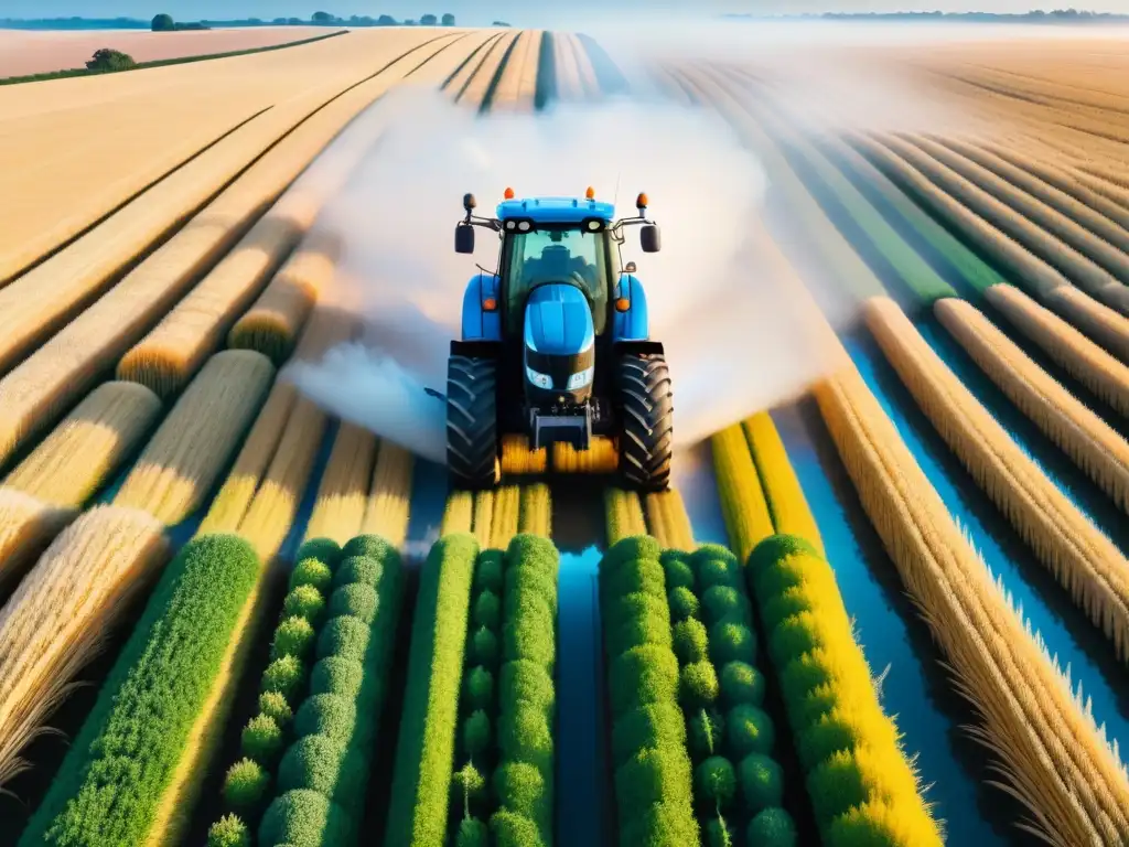 Un tractor futurista surcando un campo de trigo dorado, bajo un cielo azul vibrante