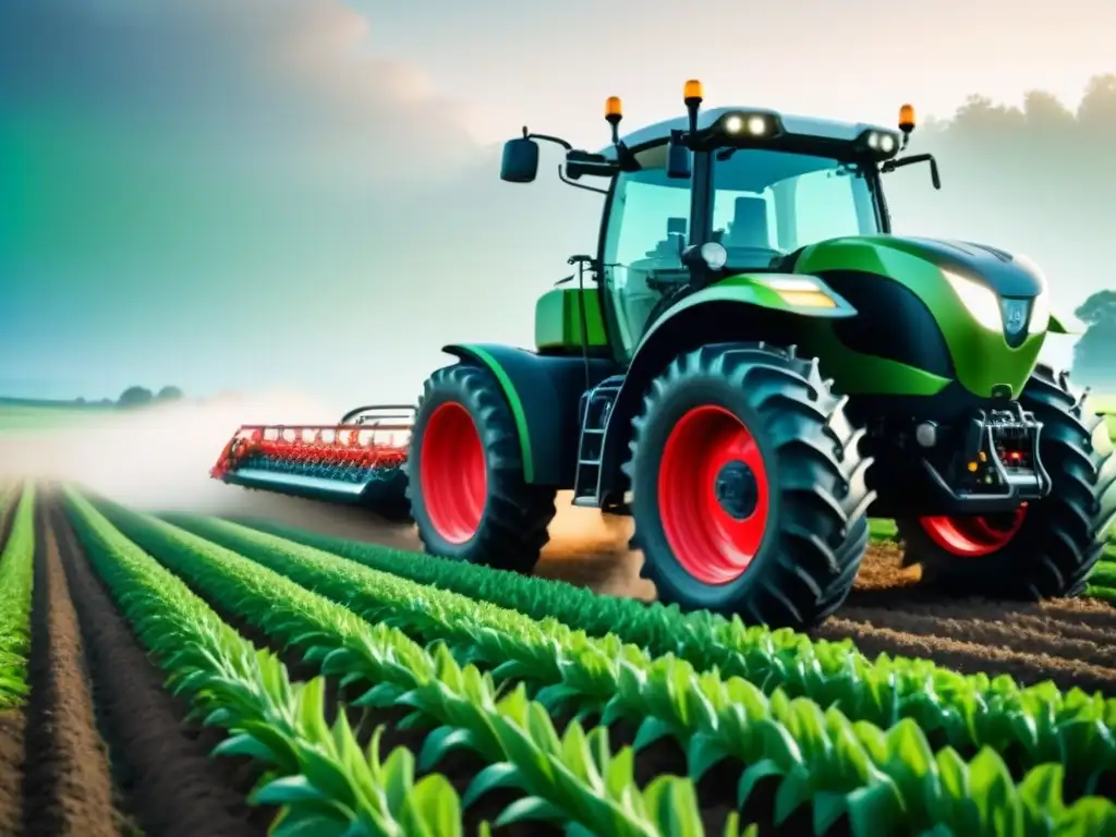 Un tractor futurista arando un campo verde con precisión, mostrando impacto agritecnologías sector alimentario