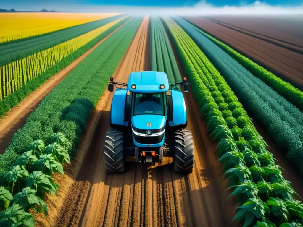 Un tractor futurista con tecnología IoT avanzada y análisis de big data, navegando un campo agrícola con eficiencia y precisión