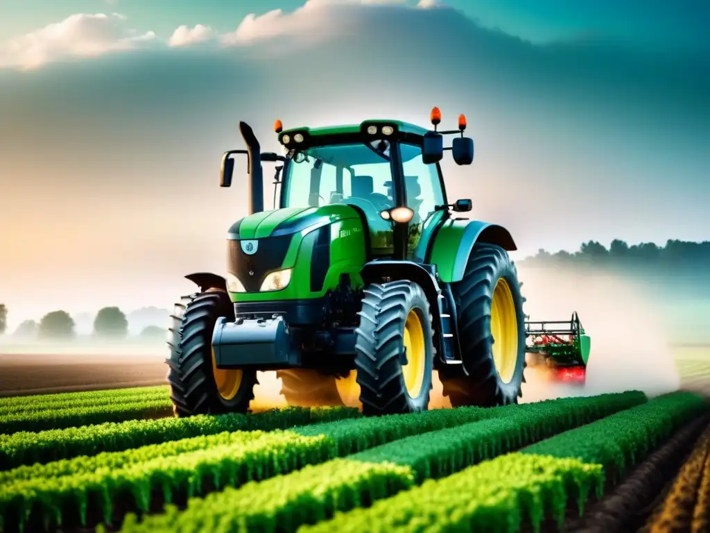 Un tractor moderno en un campo verde, simbolizando la Agricultura de precisión para mitigar riesgos ambientales