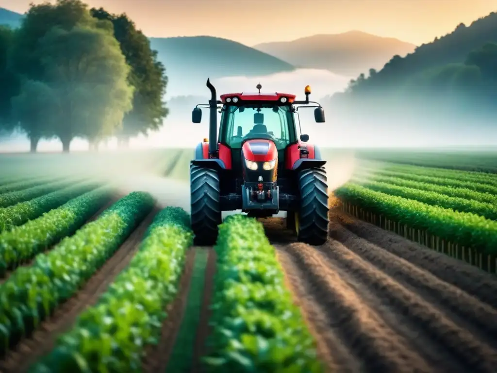 Tractor moderno en campo verde con Automatización en agricultura moderna sostenible