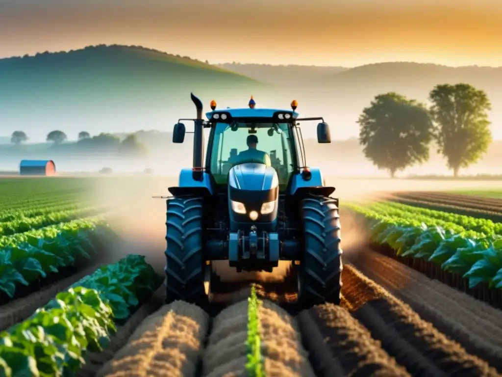 Un tractor moderno y elegante con tecnología avanzada, navegando sin esfuerzo por un campo verde, destacando la automatización en agricultura familiar