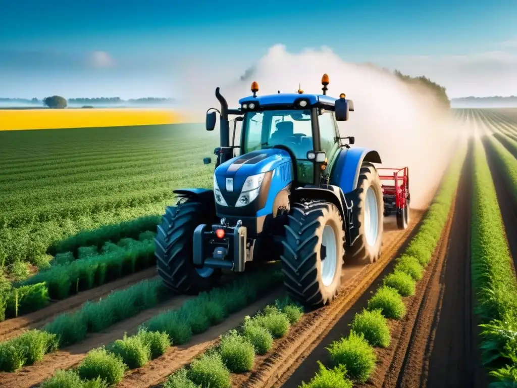 Un tractor moderno rodeado de campos verdes, bajo un cielo azul, exhibe tecnología agrícola avanzada