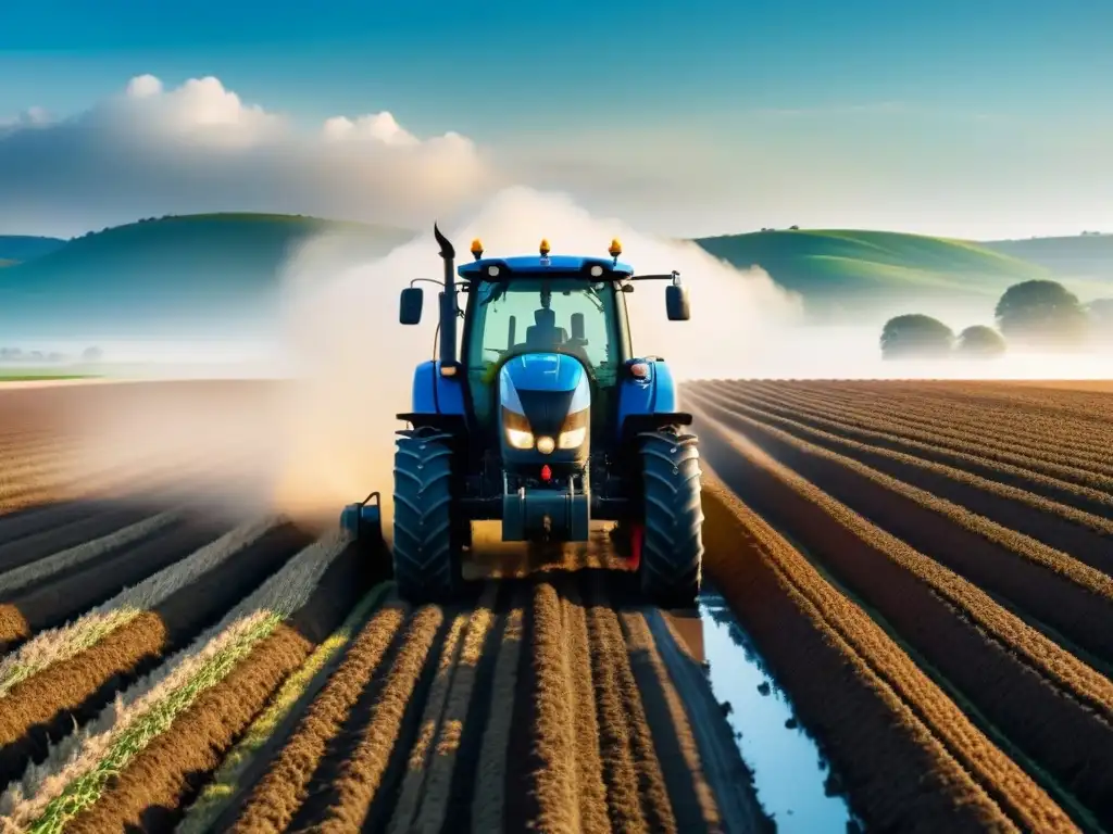 Un tractor de agricultura de precisión sostenible surcando un campo vasto y exuberante bajo un cielo azul claro