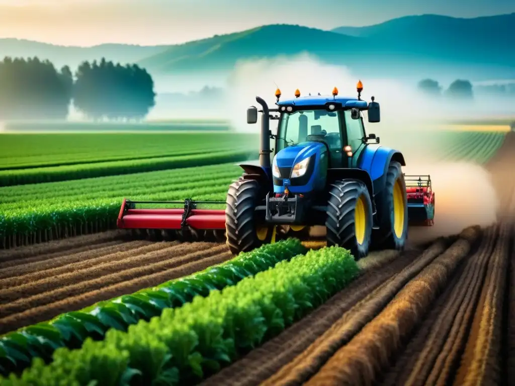 Tractor de agricultura de precisión sostenible avanzando en campos verdes con cultivos alineados perfectamente, integrando tecnología y naturaleza