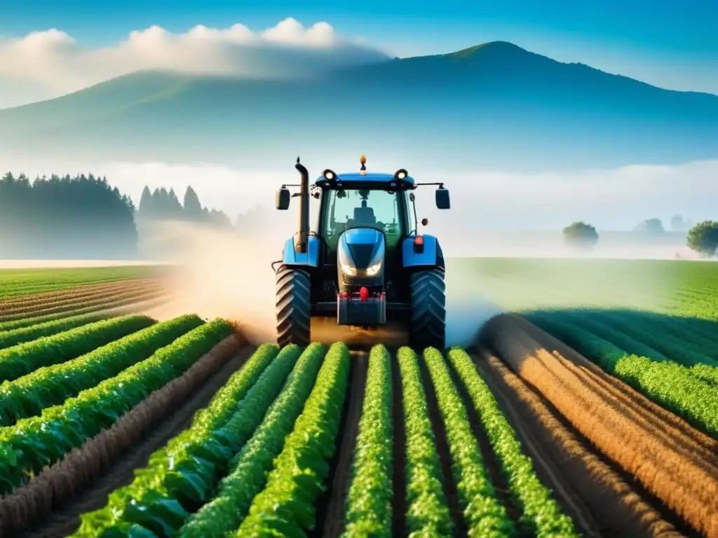 Tractor de agricultura de precisión sostenible avanzando entre cultivos verdes en un campo bajo cielo azul claro