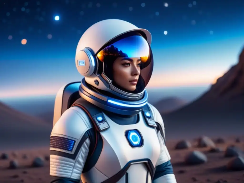 Diseño de traje espacial futurista en 8k Traje espacial futurista en 8k, con detalles avanzados y tonos blancos y azules